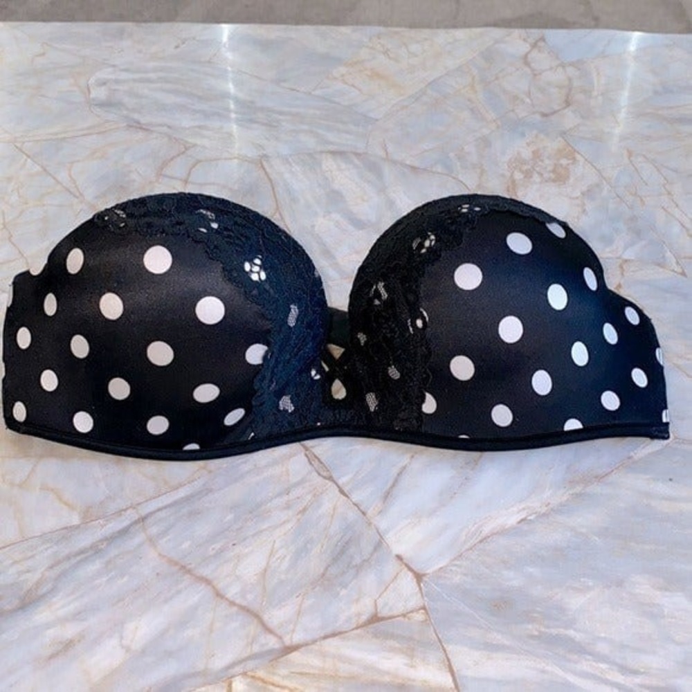 Victorias Secret Bombshell Strapless 32B Bra Black Polka Dot Add 2 Cups